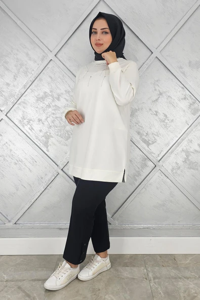 KADIN TAŞ DETAYLI TESETTÜR TUNİK - Resim 3