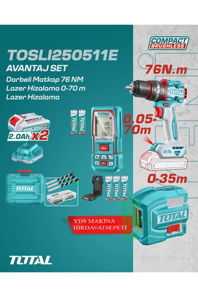 3'lü Akülü Matkap Lazer 0-70m Lazer Hizalama Set 2.0 Ah Çift Akü TOSLI250511E ürün görseli