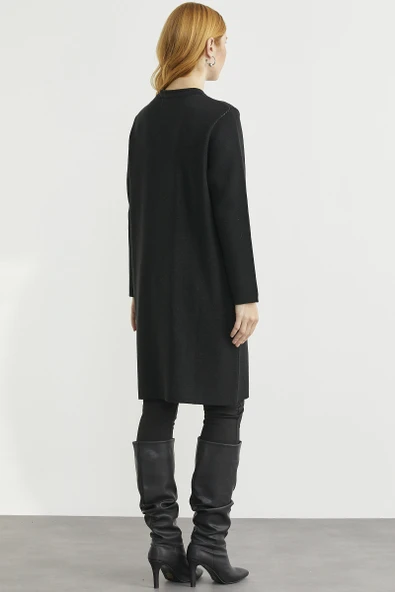 Uzun Cep Detaylı Yünlü Triko Hırka - Siyah - 6