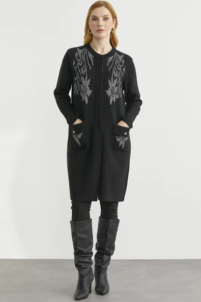 Uzun Cep Detaylı Yünlü Triko Hırka - Siyah