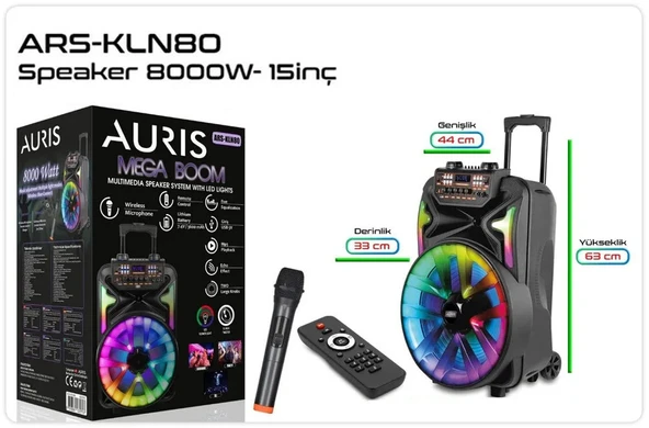 Auris ARS-KLN80 8000W Dev Boy Profesyonel Bluetooth Parti Hoparlörü - RGB Işıklı