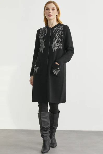 Uzun Cep Detaylı Yünlü Triko Hırka - Siyah - 2