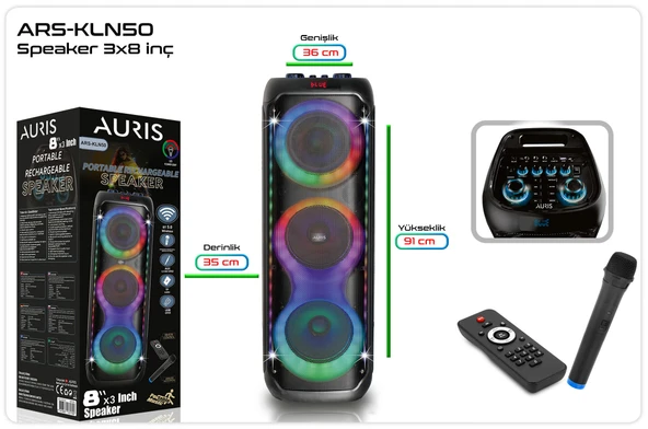 Auris ARS-KLN50 Profesyonel Büyük Boy Bluetooth Parti Hoparlörü - RGB Işıklı