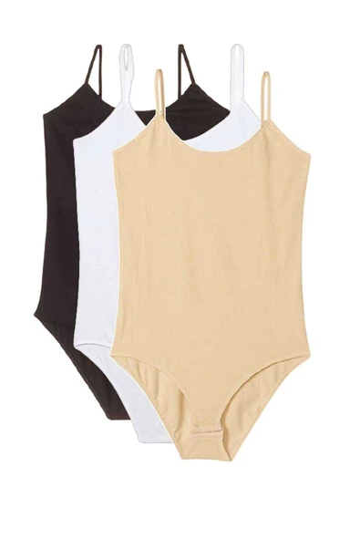 3 Adet İp Askılı Kadın Çıtçıtlı Body Siyah Beyaz Ten - 3