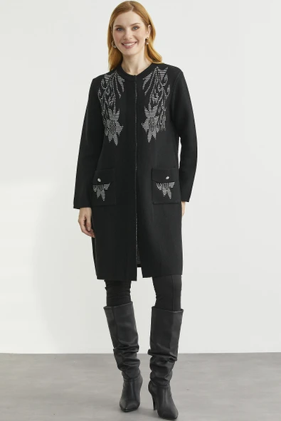 Uzun Cep Detaylı Yünlü Triko Hırka - Siyah - 3