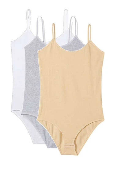 3 Adet İp Askılı Kadın Çıtçıtlı Body Beyaz Gri Ten - 3