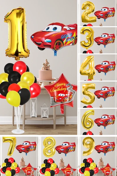 Yarış Arabası Temalı Gold Rakamlı Balonlu Doğum Günü Süsleme