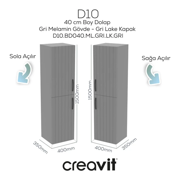 D10 40 cm Sol Boy Dolabı Gri Melamin Gövde Lake Kapak ürün görseli 1