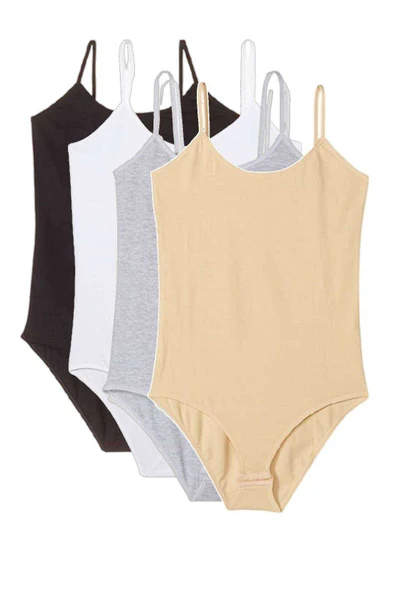 4 Adet İp Askılı Kadın Çıtçıtlı Body Siyah Beyaz Gri Ten - 4