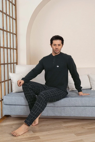 Erkek 3 Düğme Göğüs Cepli Kışlık Pamuklu Selanik Kumaş Uzun Manşetli Kol Cepli Pijama Takımı - Resim 9