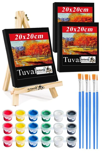 Mini Şövale 20x20 cm Siyah Tuval 3 ml Akrilik Boya 6 Renk ve Fırça Mini Siyah Tuval Masaüstü Küçük Şövale Boyama Seti ürün görseli