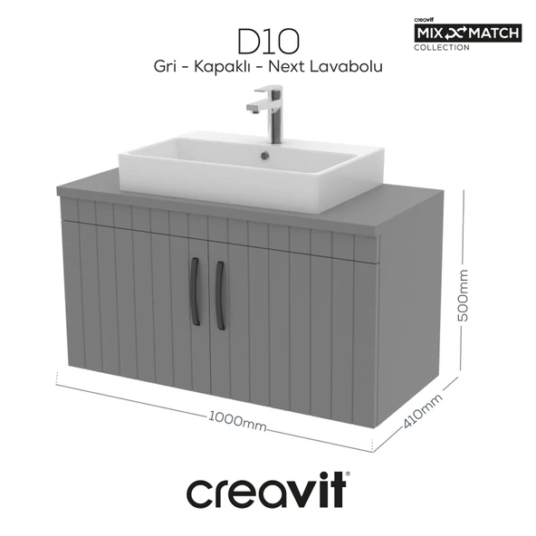 D10 Next Lavabo Dolabı Kapaklı 100 cm Gri Melamin Gövde Lake Kapak ürün görseli 1