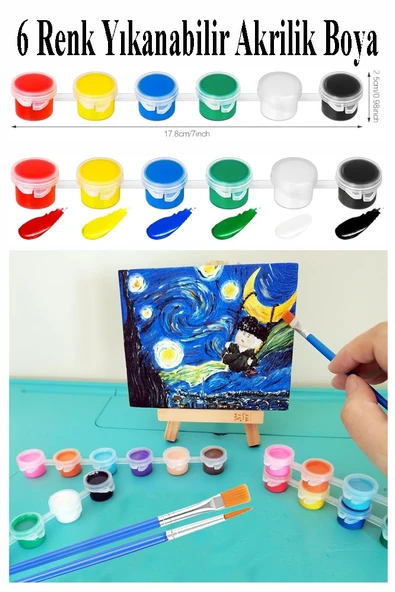 Mini Şövale 10x10 cm Siyah Tuval 3 ml Akrilik Boya 6 Renk ve Fırça Mini Siyah Tuval Masaüstü Küçük Şövale Boyama Seti - 2
