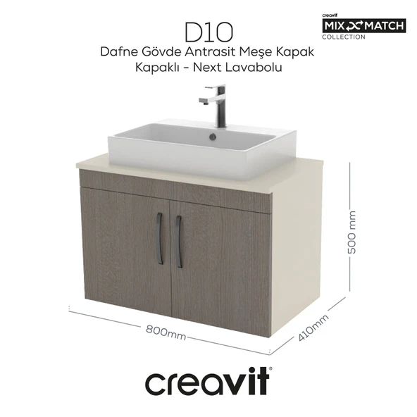 D10 Next Lavabo Dolabı Kapaklı 80 cm Dafne Gövde Antrasit Meşe Kapak ürün görseli