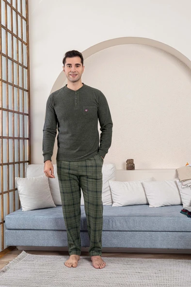 Erkek 3 Düğme Göğüs Cepli Kışlık Pamuklu Selanik Kumaş Uzun Manşetli Kol Cepli Pijama Takımı - Resim 7