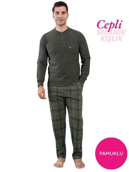 Erkek 3 Düğme Göğüs Cepli Kışlık Pamuklu Selanik Kumaş Uzun Manşetli Kol Cepli Pijama Takımı - Resim 10