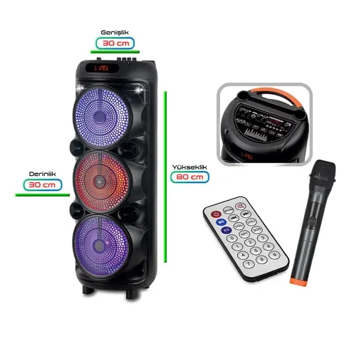 Auris ARS-KLN70 Profesyonel (3x8 İnç) 120W Dev Boy Bluetooth Parti Hoparlörü - RGB Işıklı
