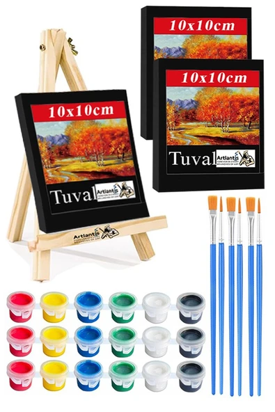 Mini Şövale 10x10 cm Siyah Tuval 3 ml Akrilik Boya 6 Renk ve Fırça Mini Siyah Tuval Masaüstü Küçük Şövale Boyama Seti