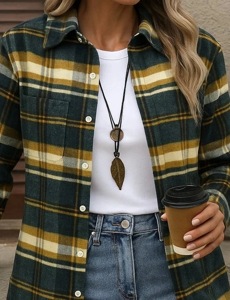 MDB Kadın Uzun Kollu Kare Desenli önden Düğmeli Dokuma Gömlek - Resim 2