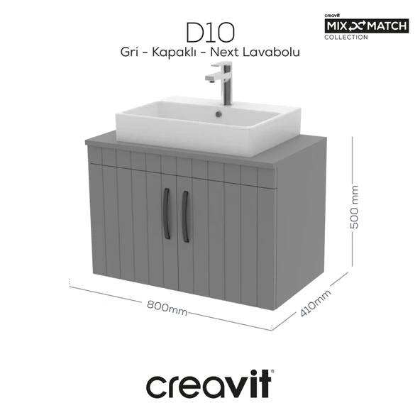 D10 Next Lavabo Dolabı Kapaklı 80 cm Gri Gövde Lake Kapak ürün görseli 1