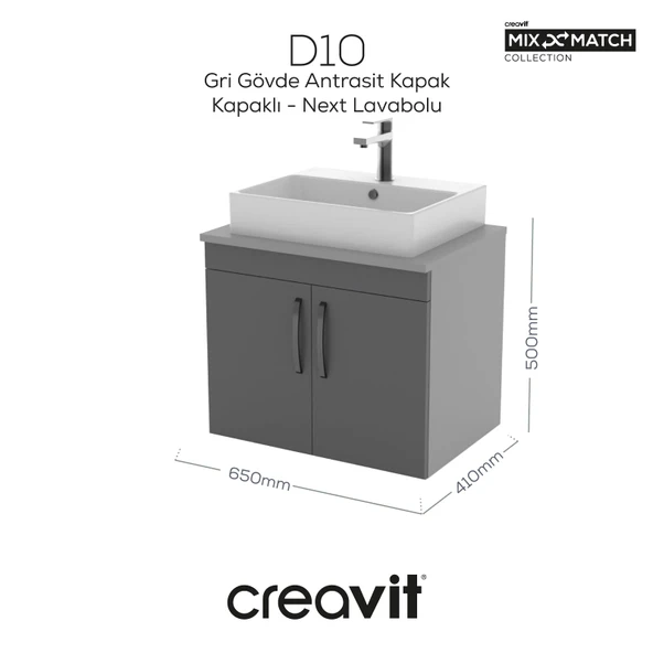 D10 Next Lavabo Dolabı Kapaklı 65 cm Gri Gövde Antrasit Kapak ürün görseli 1