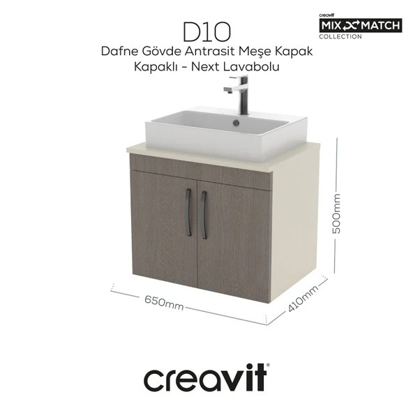 D10 Next Lavabo Dolabı Kapaklı 65 cm Dafne Gövde Antrasit Meşe Kapak ürün görseli
