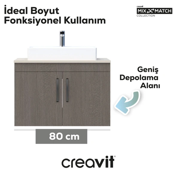 D10 Next Lavabo Dolabı Kapaklı 80 cm Dafne Gövde Antrasit Meşe Kapak - Resim 2