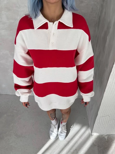 Unisex Üç İplik Parçalı Yakalı SweatShirt - Kırmızı ürün görseli