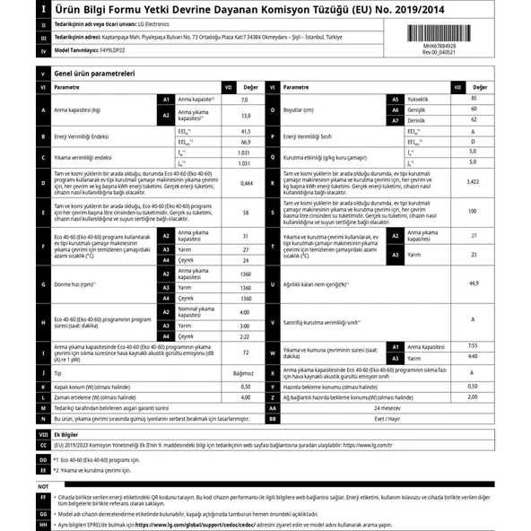 LG F4Y9LDP2Z 13 kg Yıkama 7 kg Kurutma Kapasiteli 1400 Devir Kurutmalı Çamaşır Makinesi - 5
