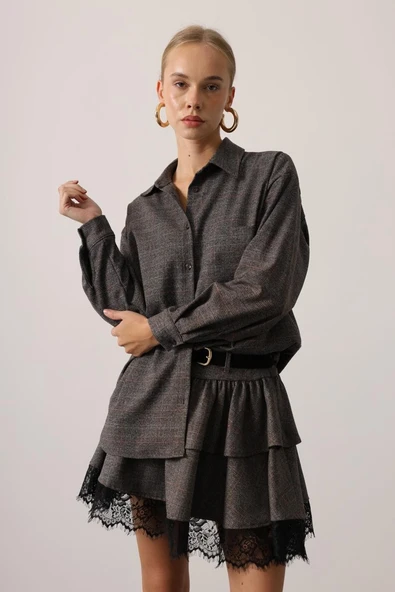 Kemerli Fırfırlı Mini Etek ve Oversize Gömlek Takım Dantel Detaylı Kışlık Şık - 2