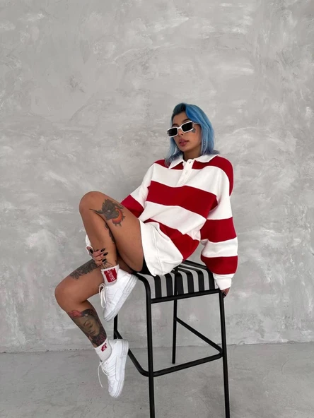 Unisex Üç İplik Parçalı Yakalı SweatShirt - Kırmızı - Resim 4