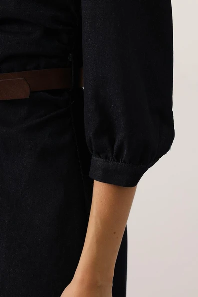 Kadın Kemerli Slim Fit Midi Kot Elbise Gömlek Yaka Düğme Detaylı Denim Elbise - 2