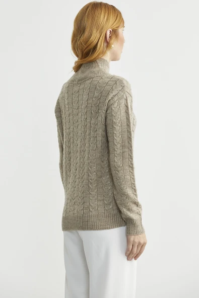 Dik Yaka Motifli Yünlü Triko Kazak - Bej - Resim 5