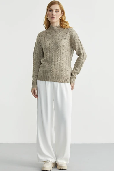 Dik Yaka Motifli Yünlü Triko Kazak - Bej - Resim 3