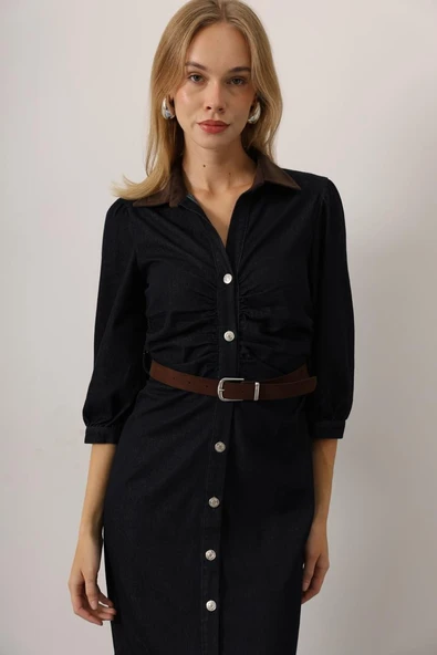 Kadın Kemerli Slim Fit Midi Kot Elbise Gömlek Yaka Düğme Detaylı Denim Elbise - 4
