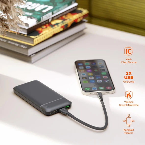 Polosmart PBS131 10000 mAh Powerbank Type-C Girişli Çift USB Hızlı Şarj Cihazı Antrasit - 2