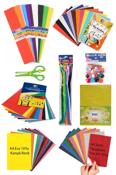 Anaokulu Kreş Etkinlik Seti Elişi Kağıdı Simli Eva Fon Kartonu Krapon Şönil Makas Ponpon Okul Seti