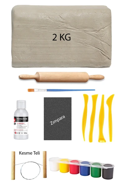 Beyaz Seramik Hamuru 2 Kg Kil Ebeşuar Seti 6x15 ml Akrilik Set 100 Cc Vernik Ahşap Merdane Zımpara ürün görseli