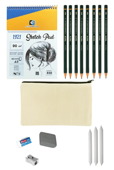 Alex Schoeller A5 Eskiz Defteri Karakalem Çizim Seti Canvas Bez Çantalı Eskiz Seti Dereceli Kalemler ürün görseli