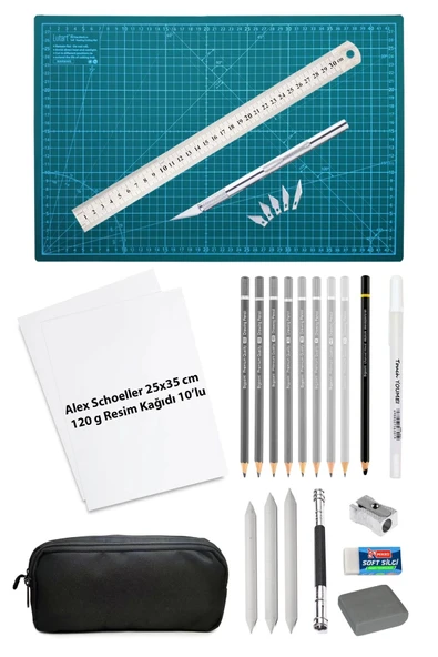 Alex Schoeller 25x35 cm Resim Kağıdı 10'lu A3 Kesim Matı Kretuar Bıçağı 5li Eskiz Seti Mimarlık Seti ürün görseli
