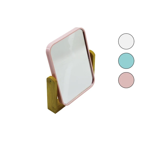 DİKDÖRTGEN=20.5X15.5CM AHŞAP BAMBU AYAKLI MAKYAJ AYNASI ÇİFT TARAFLI RENKLİ PLASTİK ÇERÇEVE (5284) ürün görseli