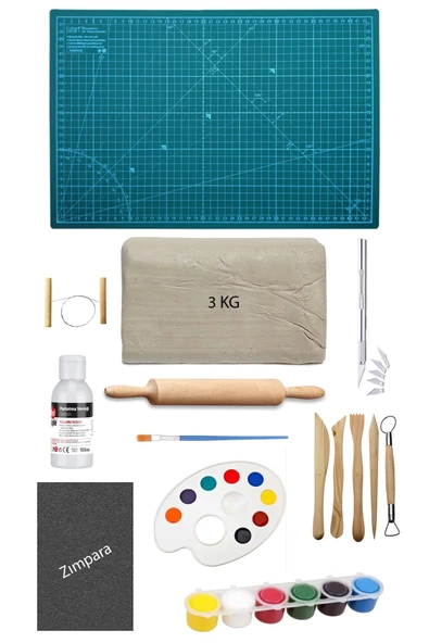 Beyaz Seramik Hamuru 3 kg Çift Taraflı A3 Kesim Matı Kretuar Seti Ebeşuar Seti 6x15 ml Akrilik Seti ürün görseli