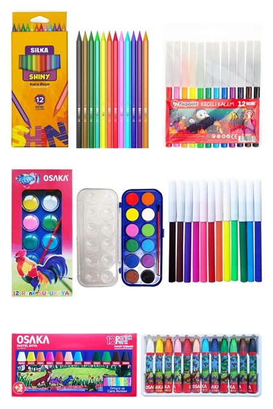 Osaka Sulu Boya 12'li Pastel Boya 12'li Silka Kuru Boya 12'li Fixpoint Keçeli Kalem 12'li Okul Seti