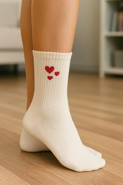 Kadın Kalp Desenli Pamuklu Kısa Çorap – Günlük Rahat Stil Tekli - Resim 5