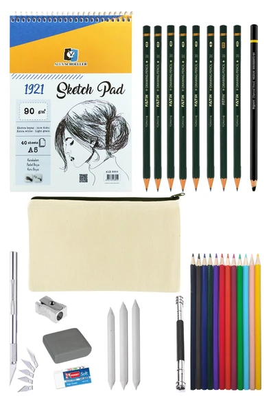 Alex Schoeller A5 Eskiz Defteri 90g Canvas Bez Çantalı Eskiz Seti Kuruboya 12li Karakalem Çizim Seti ürün görseli