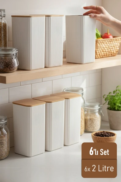 İronika 2 Litre Bambu Kapaklı Erzak Gıda Bakliyat Saklama Kabı Mutfak Organizeri 6 Adet ürün görseli