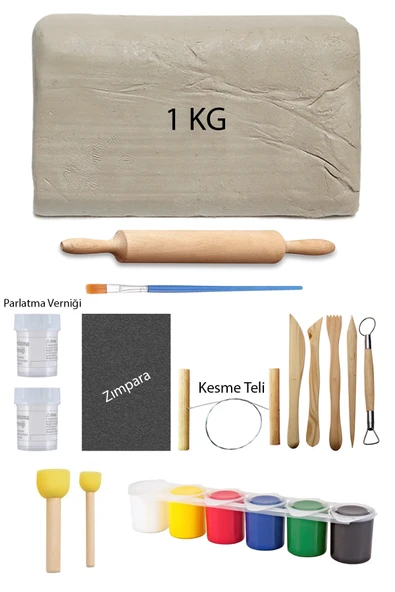 Beyaz Seramik Hamuru 1 Kg Kil Ebeşuar Seti 6x15 ml Akrilik Set 50 ml Vernik Ahşap Merdane Zımpara ürün görseli