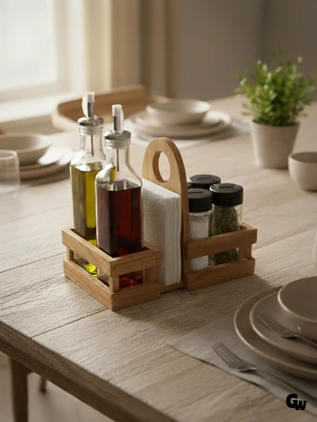 Ahşap Doğal Baharatlık Yağdanlık ve Peçetelik Takımı(KISA BAŞLIK)(SET)(KİRAZ) Ahşap Rengi 1 SET ürün görseli