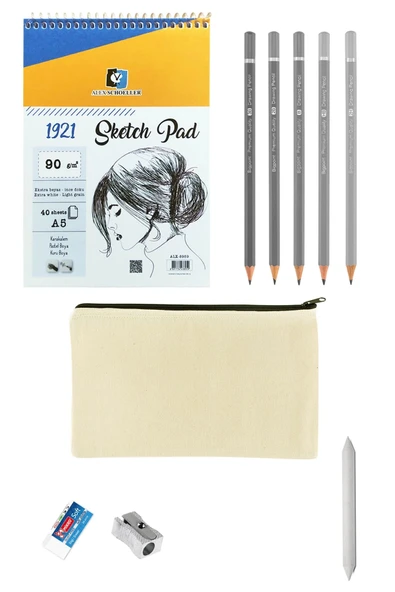 Alex Schoeller A5 Eskiz Defteri 5 Dereceli Kalem Çizim Seti Karakalem Canvas Bez Çantalı Eskiz Seti ürün görseli