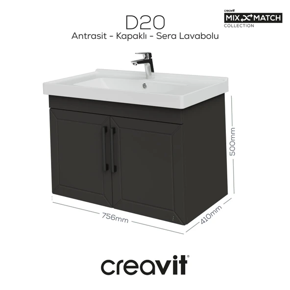 D20 80 cm Kapaklı Lavabo Dolabı Antrasit Lake Kapak ürün görseli 1